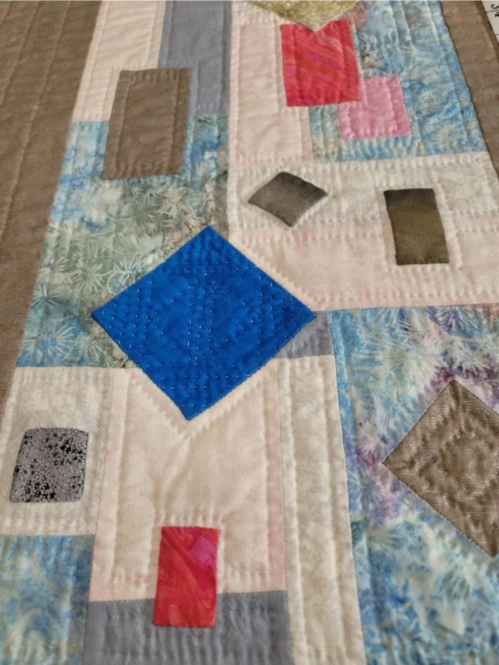 Modern Geometric Quilt Table Runner in Beige, Blue, Pink